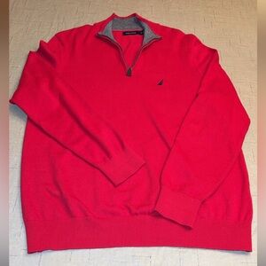 Nautica Men's Vibrant Red Quarter Zip-Up Sweater in Excellent Condition